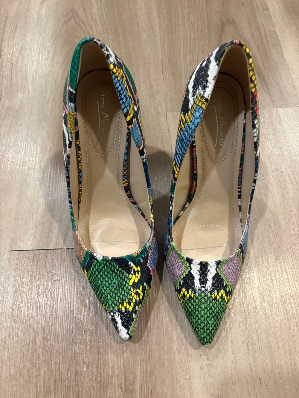 Anne Michelle Multicolor Snake-Print Pointed Pumps in Green, Yellow and Blue